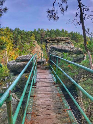 a wooden bridge over a hill with rocks and trees at Apartmány CAFÉ-CAFÉ in Jičín
