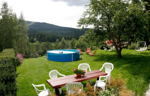 een picknicktafel en stoelen in een tuin met een zwembad bij Pension Simona in Harrachov
