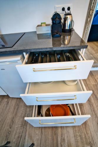 - une cuisine avec des tiroirs blancs et un comptoir dans l'établissement Goodtime Apartments Strasbourg, à Strasbourg