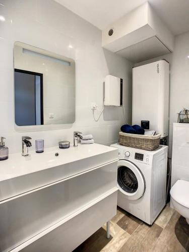 a bathroom with a sink and a washing machine at Le Temps d'une Pause in Bourgoin