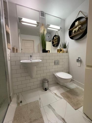 a bathroom with a toilet and a sink and a mirror at Słoneczny Apartament Zakopane in Zakopane