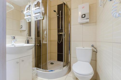 a bathroom with a shower and a toilet and a sink at Apartamenty Pod Dębem in Wicie