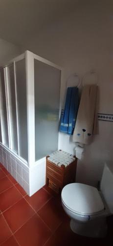 a small bathroom with a toilet and a window at La casa de Pi in Torrecaballeros