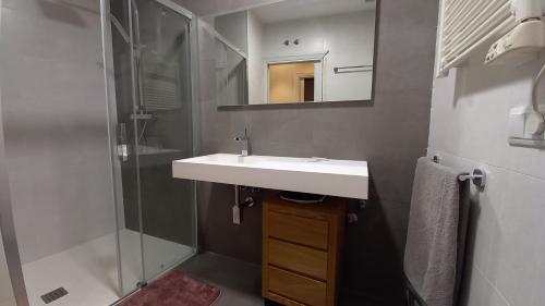 Un baño con lavabo y ducha con espejo. en Toro 2, 2º en la misma Plaza Mayor de Salamanca, en Salamanca