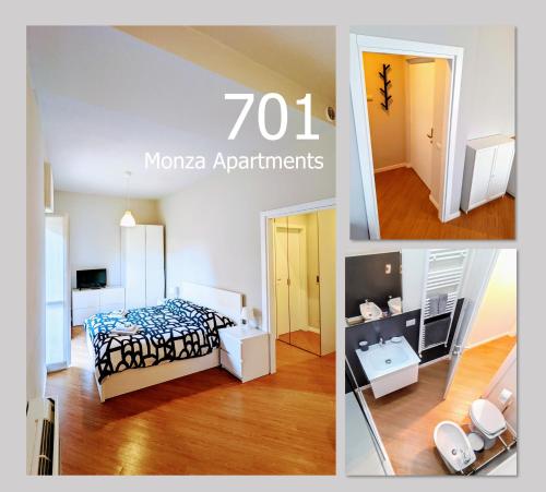 a collage of three pictures of a room with a bed at Monza Apartments in Monza