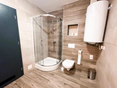 a bathroom with a shower and a toilet at Sunshine Apartments Golte COMFORT in Mozirje