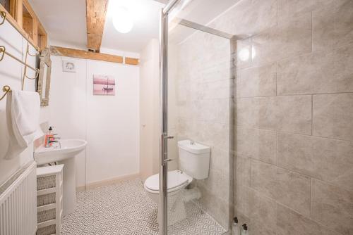 a bathroom with a shower and a toilet and a sink at Suncatch Corner, Saxmundham in Saxmundham