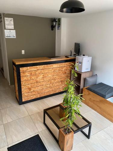 a lobby with a counter with a table and a plant at Luxury Hostal in Manizales
