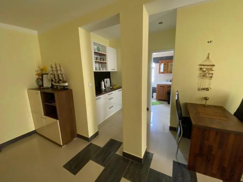 a kitchen with a counter and a table in a room at Apartments Villa Lora in Kraj