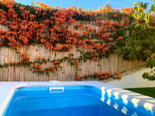 a fence with a blue pool and red flowers on it at Suite Apto de Invitados- Heated Pool-Piscina Climatizada- Montes de Málaga in Málaga