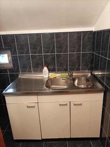 a kitchen with a sink and a counter top at Vila Alpina Olănești in Băile Olăneşti