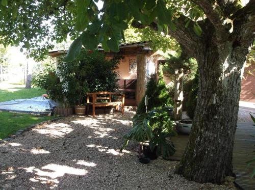 a backyard with a tree and a house at Ferienappartement Pirmasens in Pirmasens