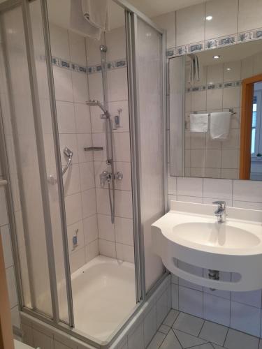 een badkamer met een douche en een wastafel bij Hotel Zurmühlen in Sendenhorst