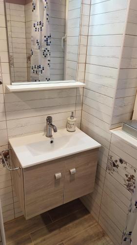a bathroom with a sink and a mirror at Tündér Róza Apartman in Miskolctapolca