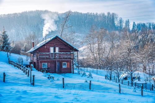 una cabaña de madera en la nieve con humo en Cabana Trei Brazi Cacica en Cacica