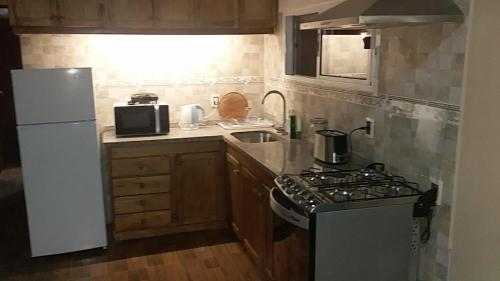 a small kitchen with a stove and a refrigerator at Apartamento Armonía 01 in Punta Colorada