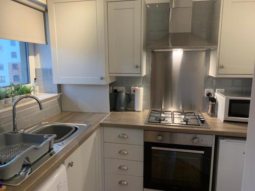 uma cozinha com um lavatório e um fogão forno superior em Kincraig Apartment em Ayr