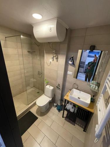 e bagno con doccia, servizi igienici e lavandino. di Oto' apartmant Gudauri loft a Gudauri