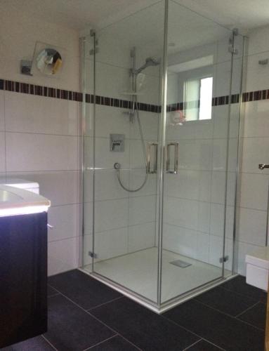W łazience znajduje się prysznic ze szklanymi drzwiami. w obiekcie Hof Tilia w mieście Hahnstätten