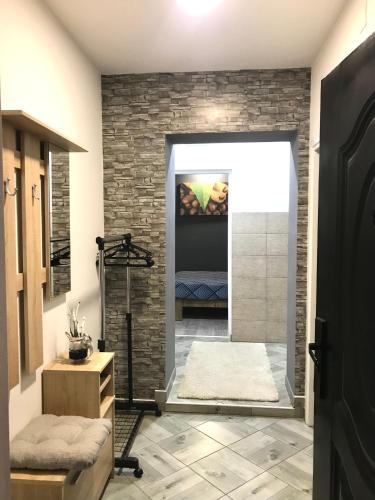 a bathroom with a walk in shower and a glass door at Zen Apartmani in Zrenjanin