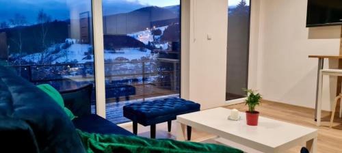 a living room with a large window with a view at Apartamenty Widokowe Na Szczycie in Korbielów