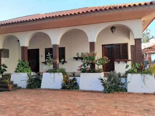 马普托PolanaHibiscosLodge&Spa的前面有大量植物的房子