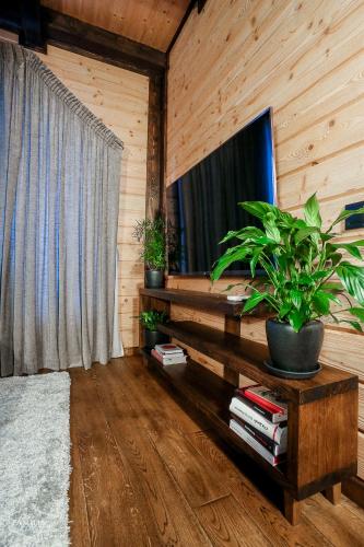 a living room with a table with plants on it at Villa Familia in Yaremche