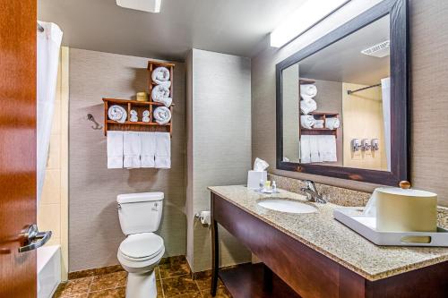 a bathroom with a toilet and a sink and a mirror at Astoria Hotel & Suites - Glendive in Glendive
