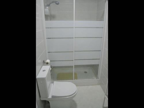 a bathroom with a toilet and a shower at 1 bedroom Apartment with Gallery Balcony Free Netflix, air conditioning in Alicante