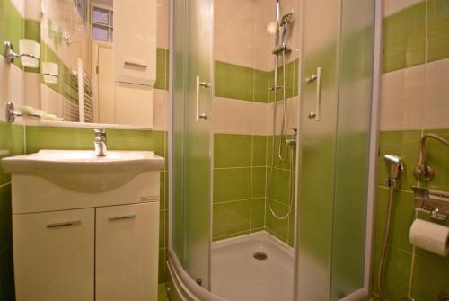 a green bathroom with a sink and a shower at Studio Park in Sarajevo