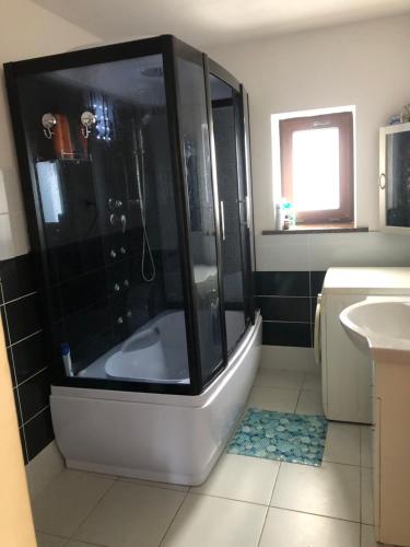 a bathroom with a shower and a bath tub at Dom wypoczynkowy Zacisze in Filipów