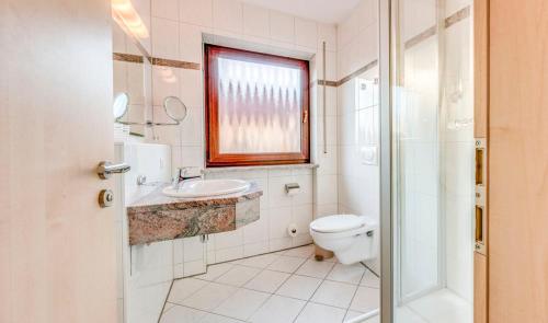 紐倫堡的住宿－BLÖDEL Gasthof Grüner Baum，一间带卫生间、水槽和窗户的浴室
