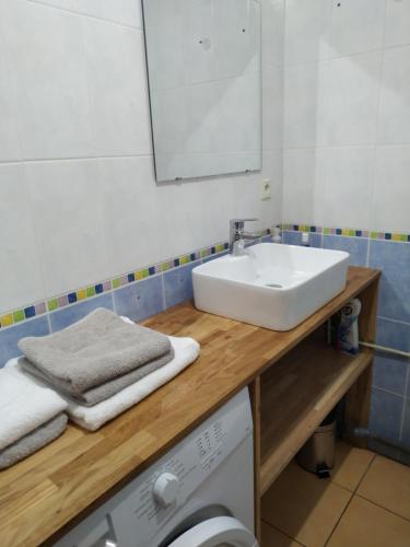 a bathroom with a sink and a washing machine at Les Jardins de l’Empereur, Hendaye in Hendaye