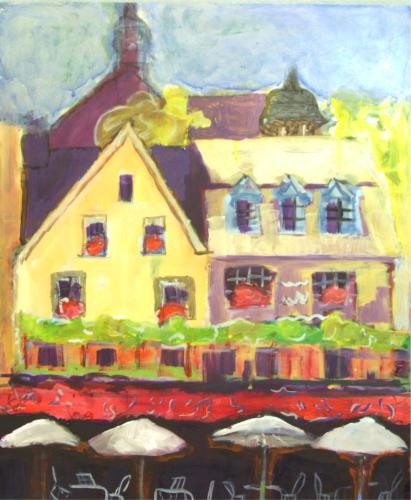 a painting of a house with umbrellas in front of it at Hotel Restaurant Alte Stadtmauer in Beilstein