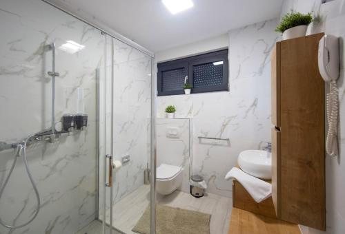 a bathroom with a shower and a toilet and a sink at Villa Marija in Sveti Filip i Jakov