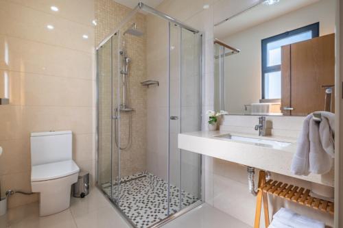a bathroom with a shower and a toilet and a sink at Hillside Villa in Arco da Calheta