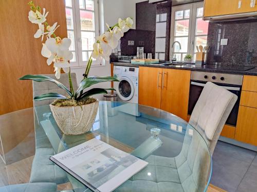 維亞納堡的住宿－São Domingos Apartment - Viana City Centre，厨房里装有植物的玻璃桌