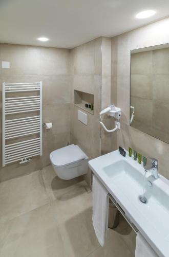 a bathroom with a white toilet and a sink at Wellness Hotel IRIS in Pavlov
