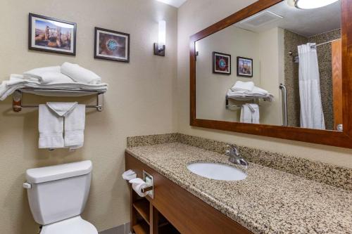 a bathroom with a sink and a toilet and a mirror at Comfort Suites in Hobbs