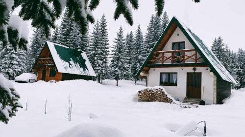 a house in the snow in front of trees at Ville Uskoci in Žabljak