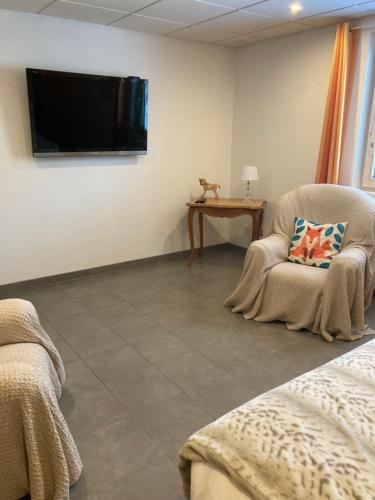 a room with a chair and a tv on the wall at Le Domaine des Fleurs - Appartement La Gentiane in Gérardmer