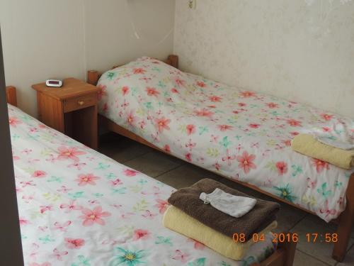 een slaapkamer met 2 bedden met bloemen op de lakens bij Vinkie in De Waal