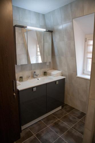 a bathroom with a sink and a mirror at Appartements Le Hupsa Pfannala in Saint-Hippolyte