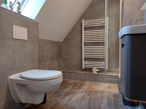 Un baño con inodoro blanco y ducha. en Haus Meeresbrise, en Büsum