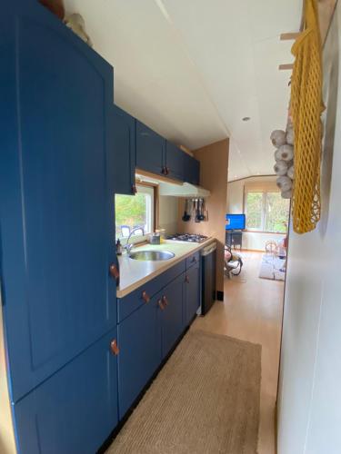 a kitchen with blue cabinets and a sink at Chalet ZWIN & ZEE Cadzand-Retranchement in Retranchement