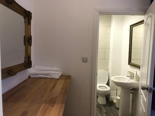 een badkamer met een toilet, een wastafel en een spiegel bij Frederick property Apartment in Birmingham