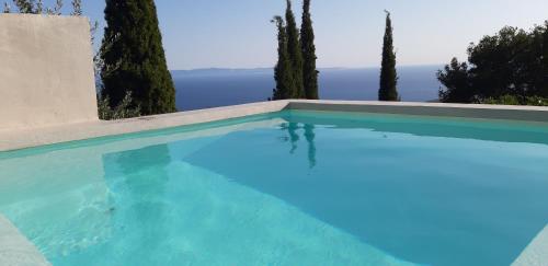 a swimming pool with blue water in front of trees at Les Villas de Qeparo in Qeparo