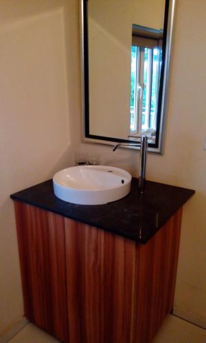 a bathroom with a sink and a mirror at Colonial Cocoon Studio and Apartement in La Gaulette