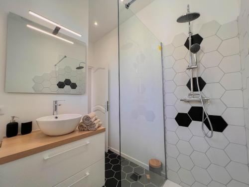 a bathroom with a sink and a glass shower at Le Canal,Hyper centre, Cosy, fibre, parking privée, 1 a 4 pers in Montargis