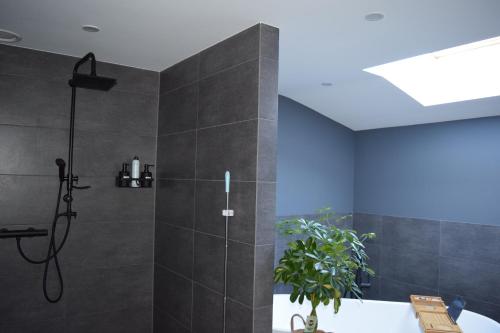 La salle de bains est pourvue d'une douche et d'une baignoire avec une plante. dans l'établissement Bed & breakfast Achter ons huis, à Berlicum
